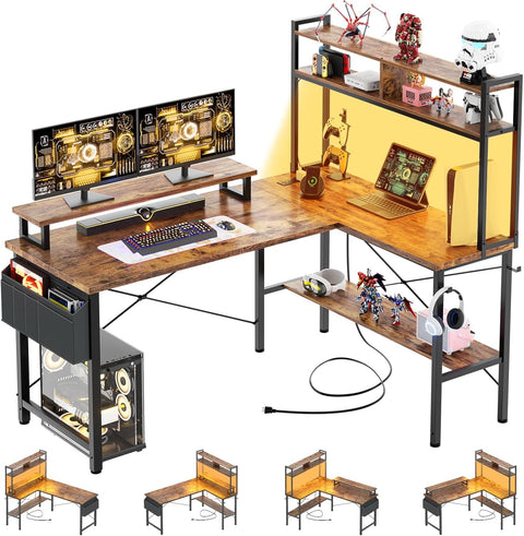 Gaming Desk with Power Outlets &amp; LED Lights