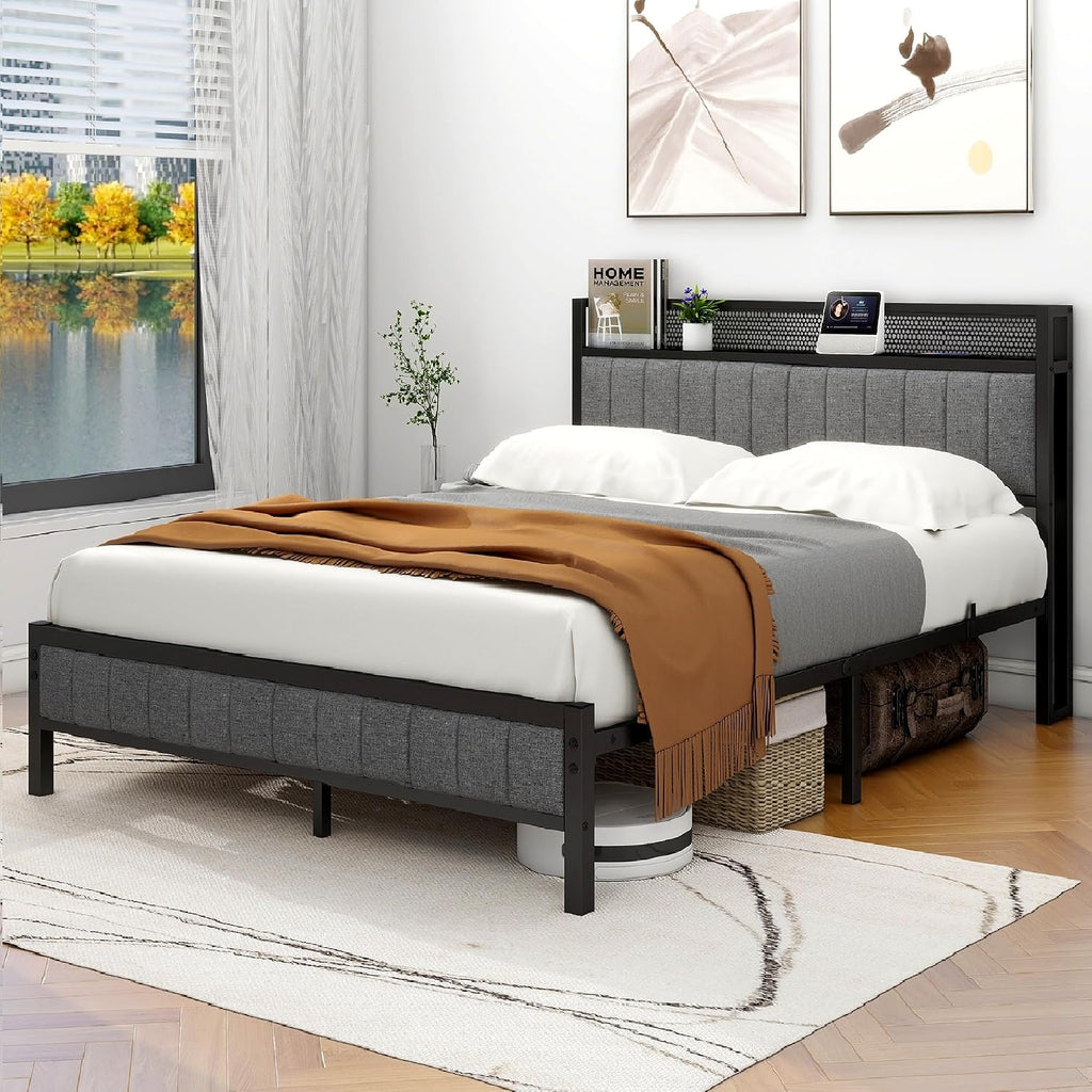 King Size Bed Frame with Storage and Headboard Shelf