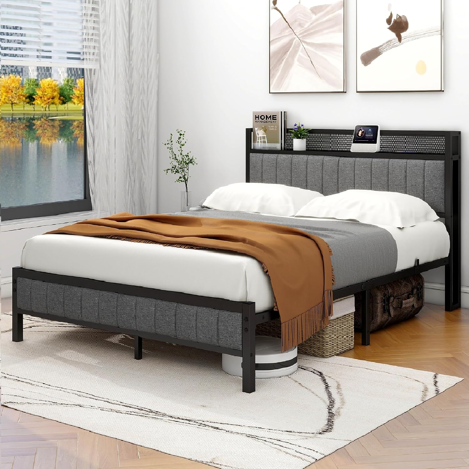 King Size Bed Frame with Storage and Headboard Shelf
