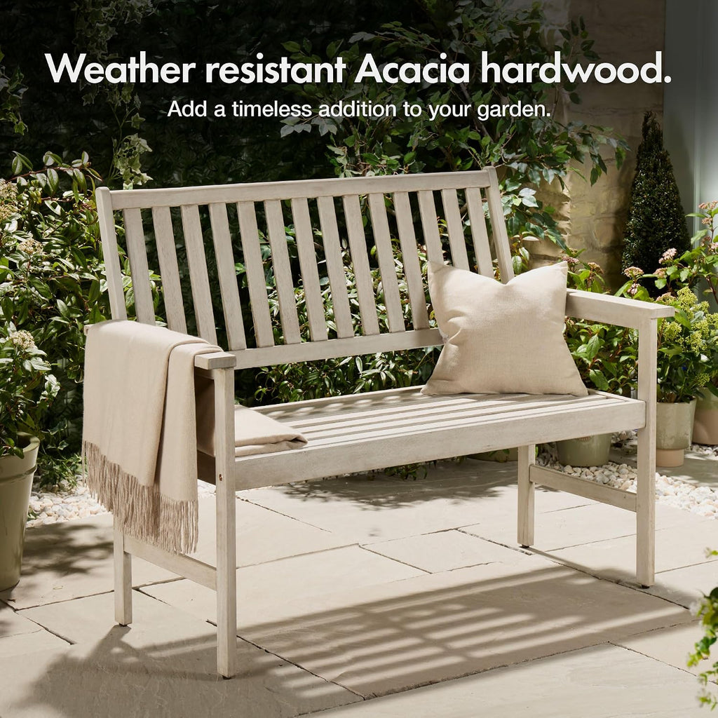 Grey Garden Bench 2 Seater - Acacia Hardwood Outdoor Bench with Armrests &amp; Teak Oil Coating - Wooden Garden Seating for 2 People for Patio &amp; Terrace - Weather Resistant - Murcia