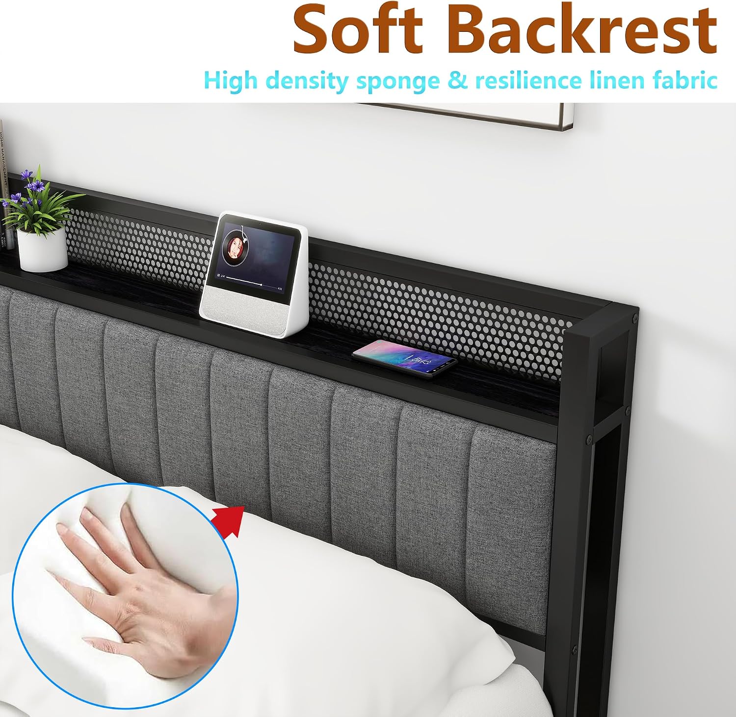 King Size Bed Frame with Storage and Headboard Shelf