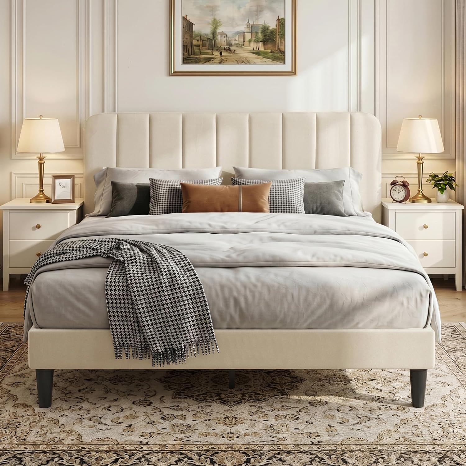Double Bed Frame with Velvet Headboard