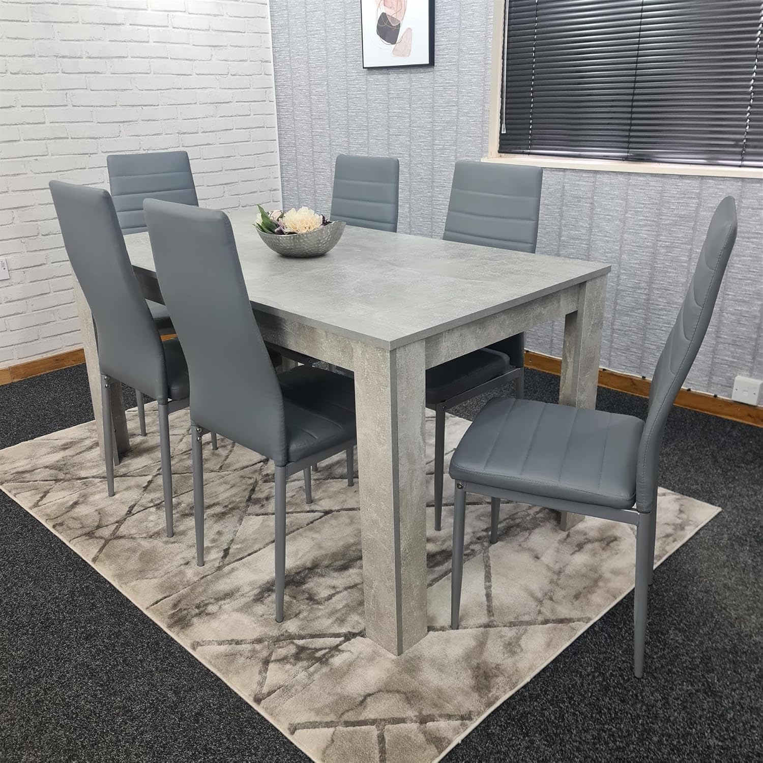 Dining Table and Chairs Set - Light Grey Kitchen Table with 6 Grey Faux Leather Dining Chairs - Modern 6 Seater Kitchen Room Furniture Set with Sturdy Legs - 117 x 77 x 75 cm