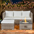 Rattan Garden Furniture Set with Fire Pit Table 3 Pieces Outdoor Sectional Sofa Set