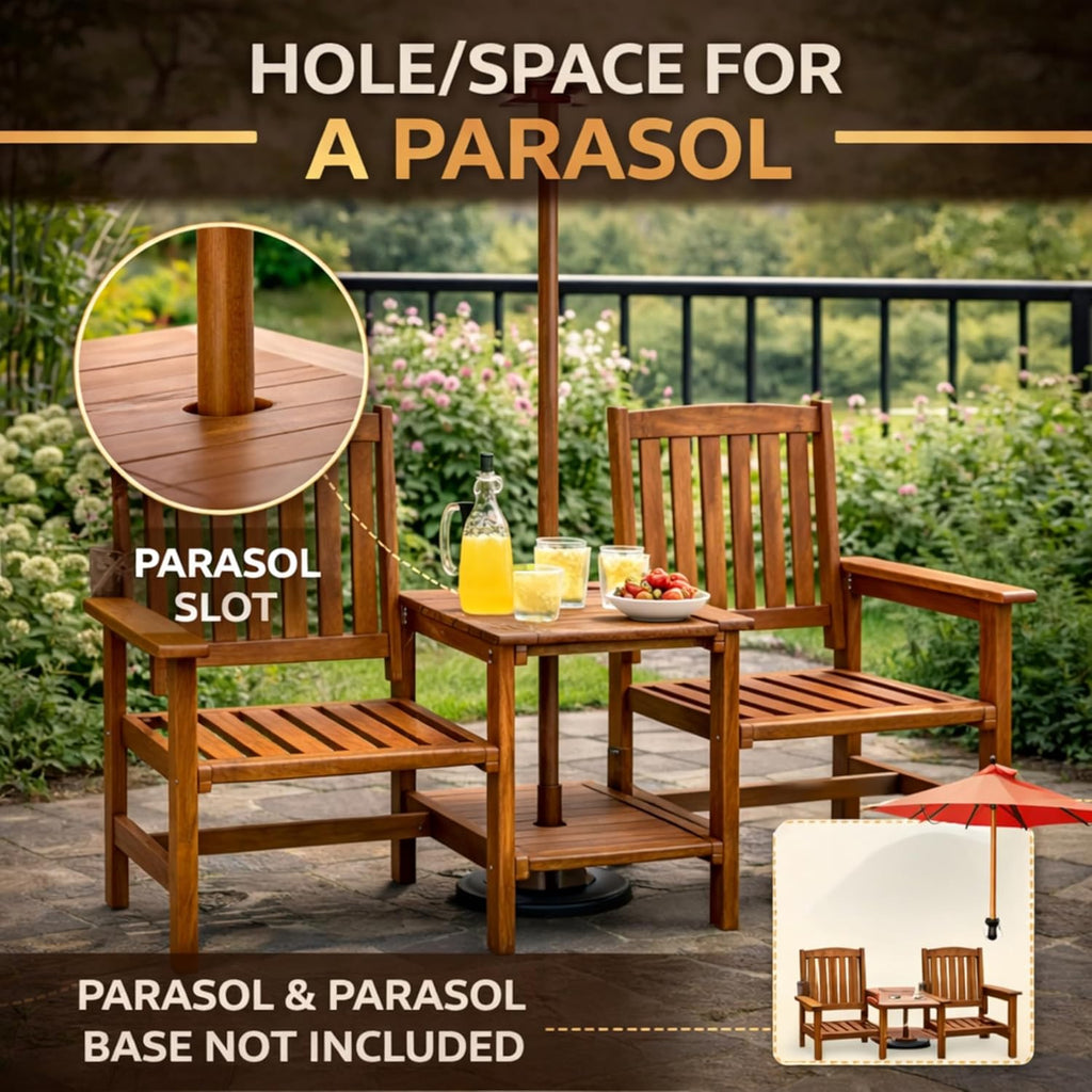 Garden Mile Jack and Jill Bench with Central Table - 2 Seater Wooden Garden Furniture