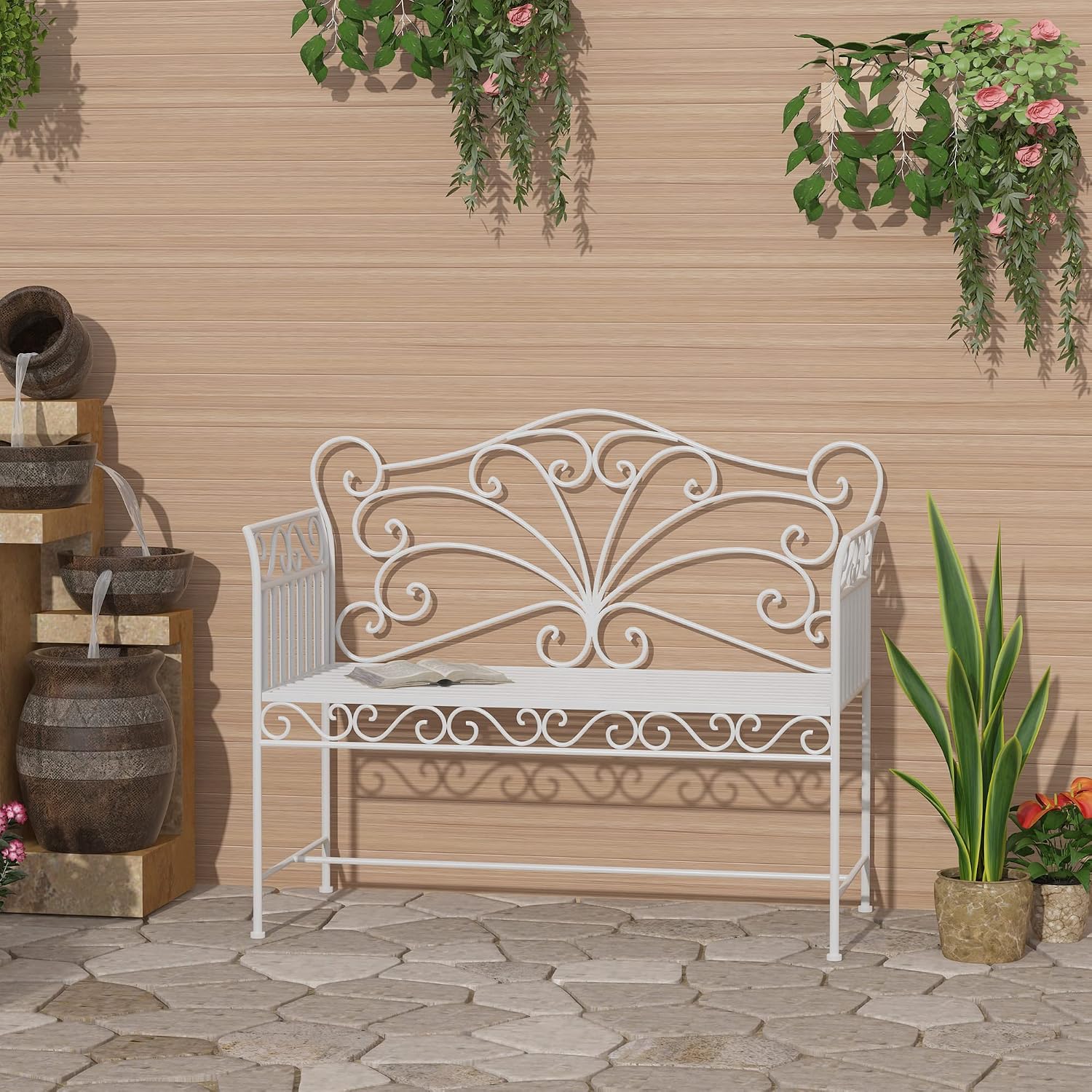 Garden 2 Seater Metal Bench Park Seating Outdoor Furniture Chair w/Decorative Backrest White