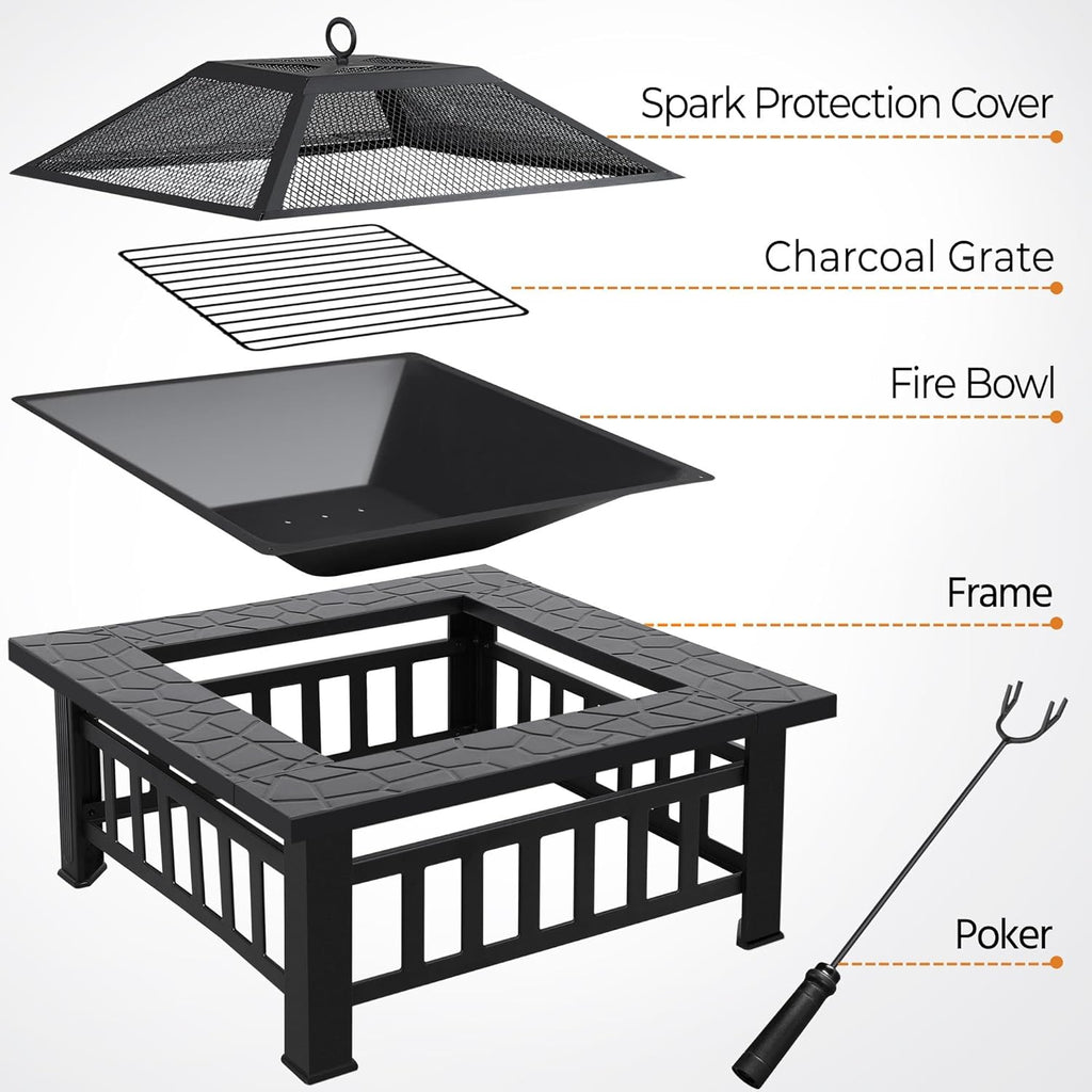 Outdoor Fire Pit 81cm Square Firepit 3-in-1 Heat-Resistant Metal Garden Stove for Barbecue