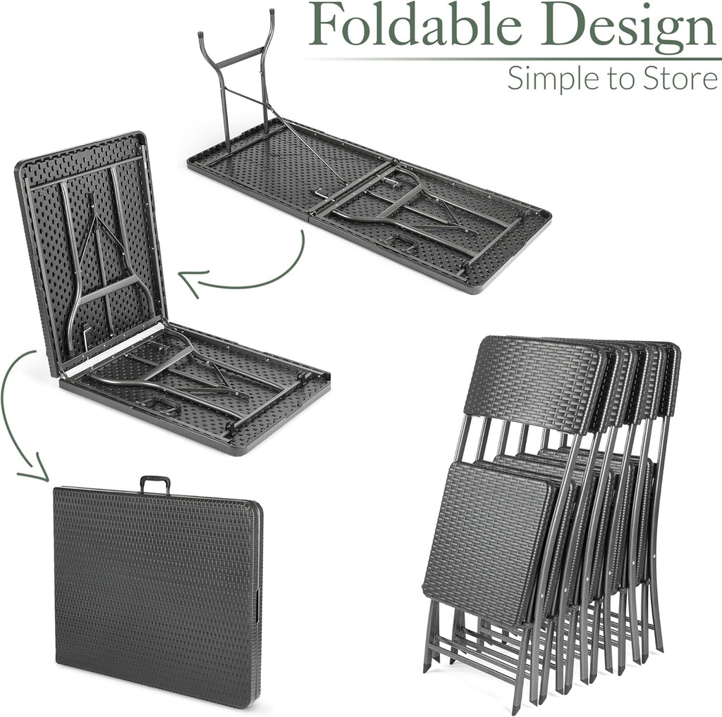 Garden Table and Chairs Set 6 Seater Rattan Effect Folding Patio Furniture (6ft)