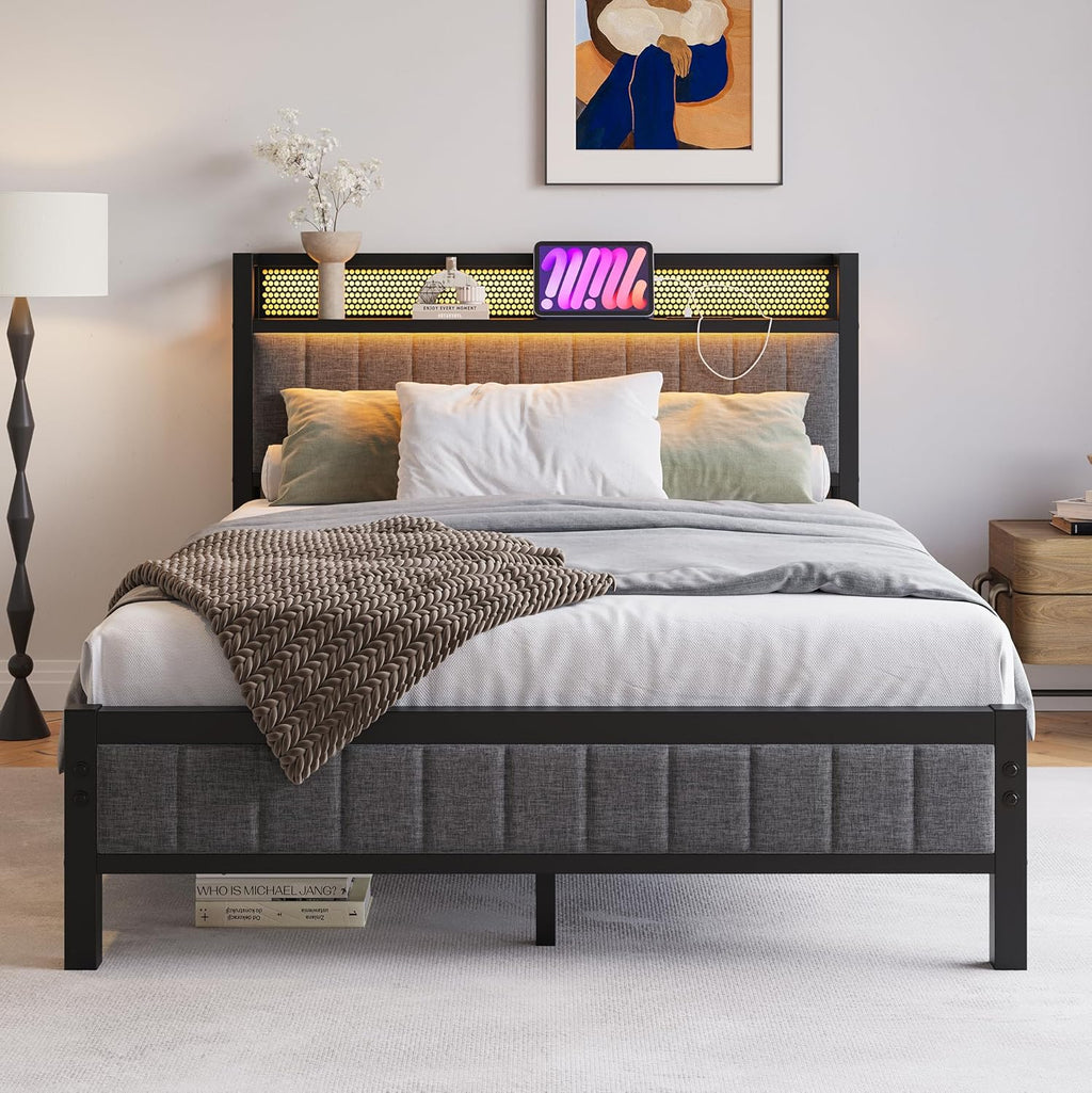 Double Bed Frame with Wooden Storage Headboard,Charging Station,LED Lights,Metal Platform Upholstered Bed Frame Double Bed with Strong Metal Slats No Box Spring Needed,Under Bed Storage,Grey
