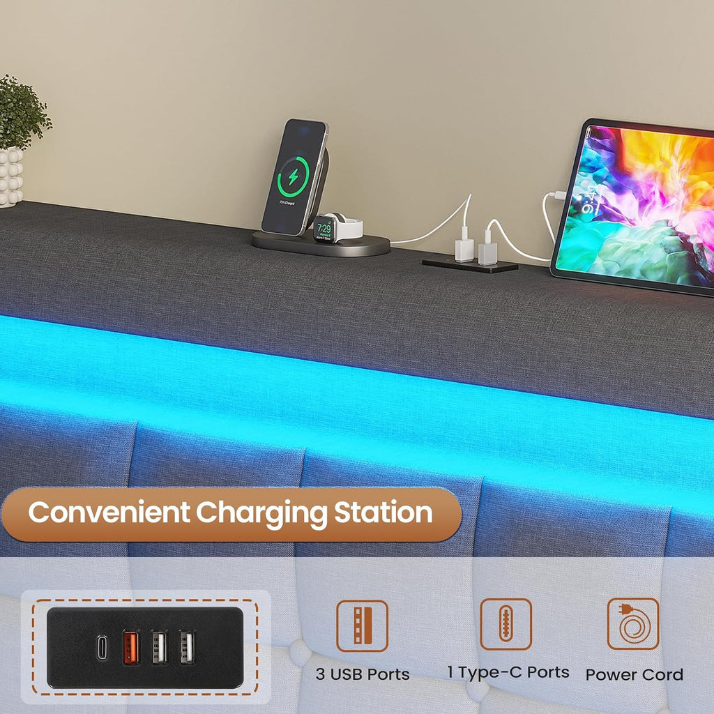 5ft King Ottoman Bed Frame 150×200 cm with Charging Station and LED Lights