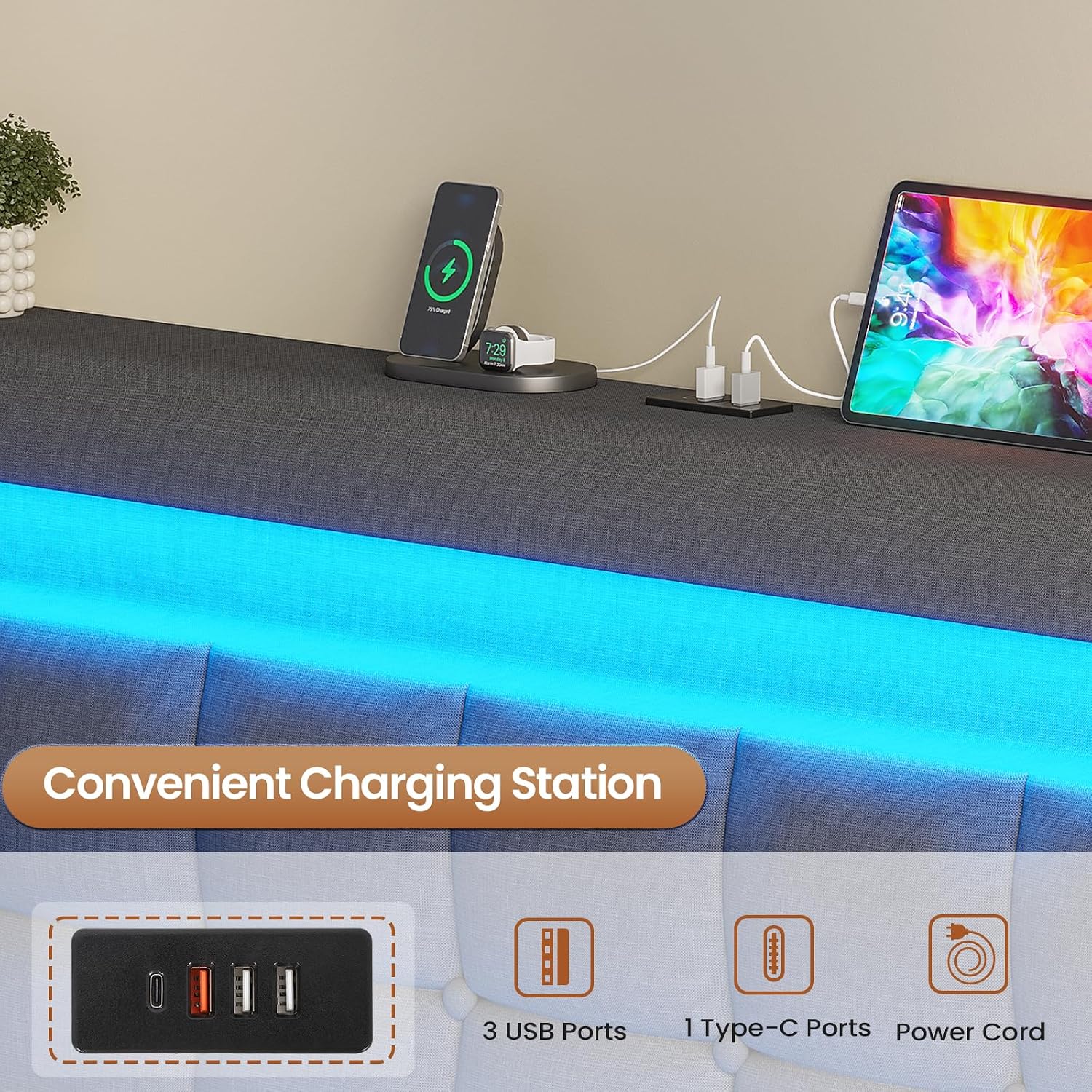 5ft King Ottoman Bed Frame 150×200 cm with Charging Station and LED Lights