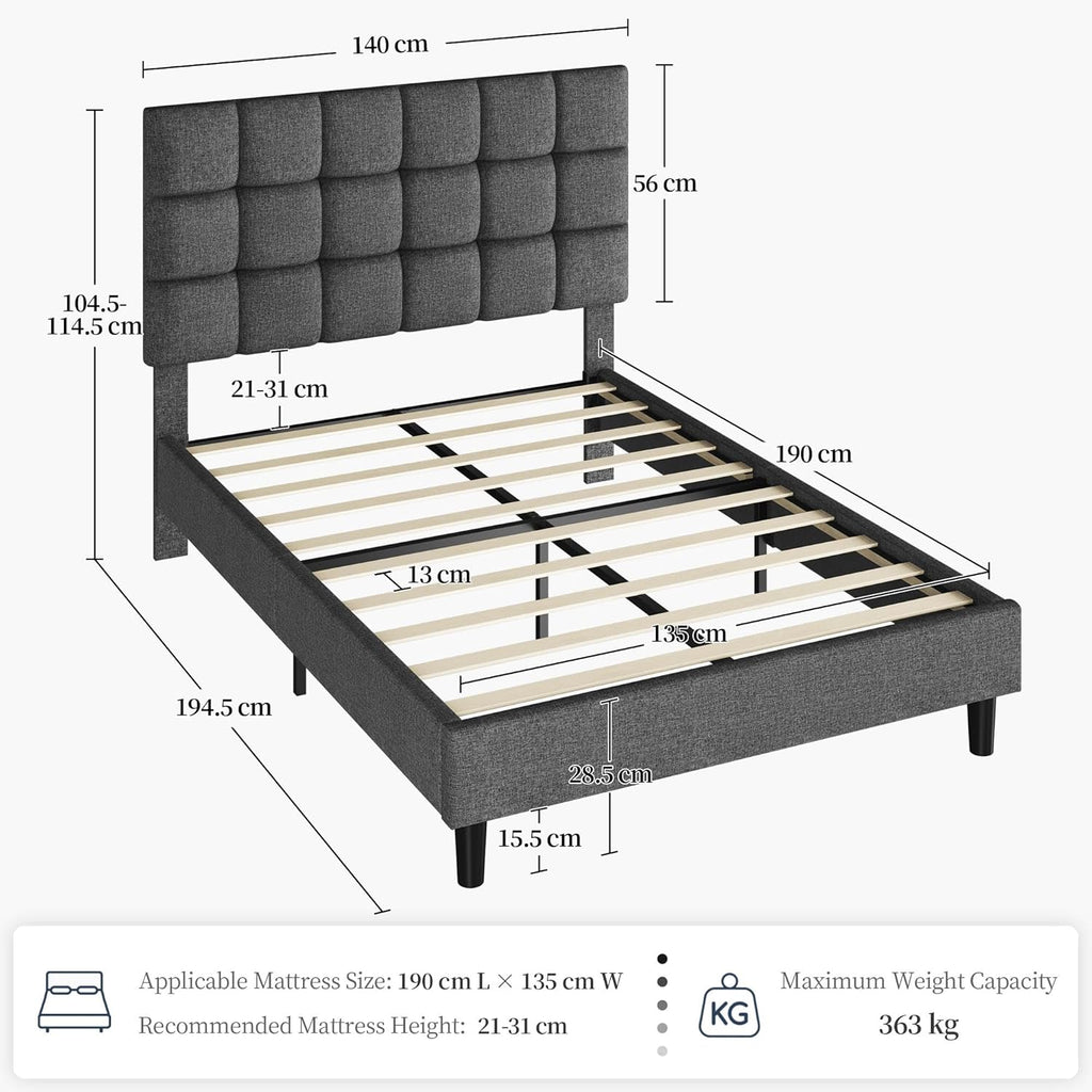 4ft6 Double Bed Frame Upholstered Platform Bed with Adjustable Square Tufted Headboard/Linen Fabric/Sturdy Wooden Slat Support/No Box Spring Needed