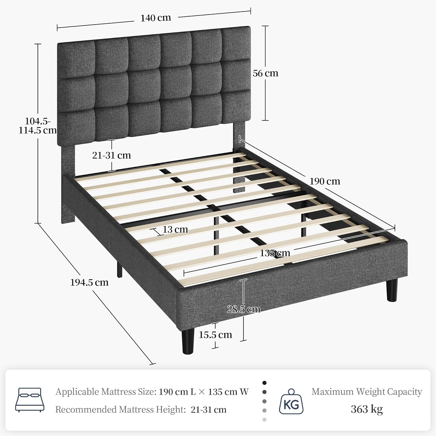 4ft6 Double Bed Frame Upholstered Platform Bed with Adjustable Square Tufted Headboard/Linen Fabric/Sturdy Wooden Slat Support/No Box Spring Needed