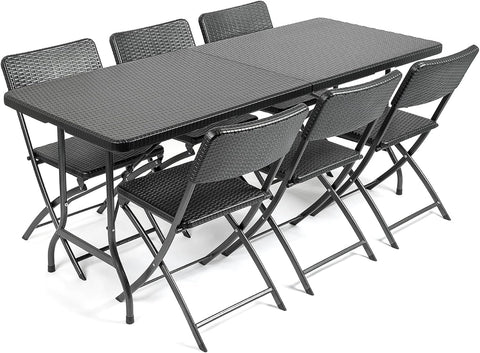 Garden Table and Chairs Set 6 Seater Rattan Effect Folding Patio Furniture (6ft)