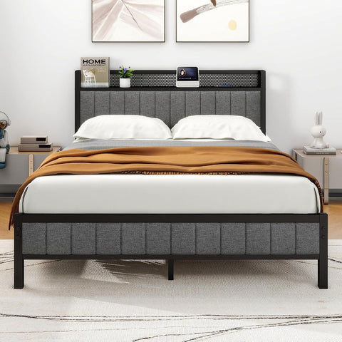 King Size Bed Frame with Storage and Headboard Shelf