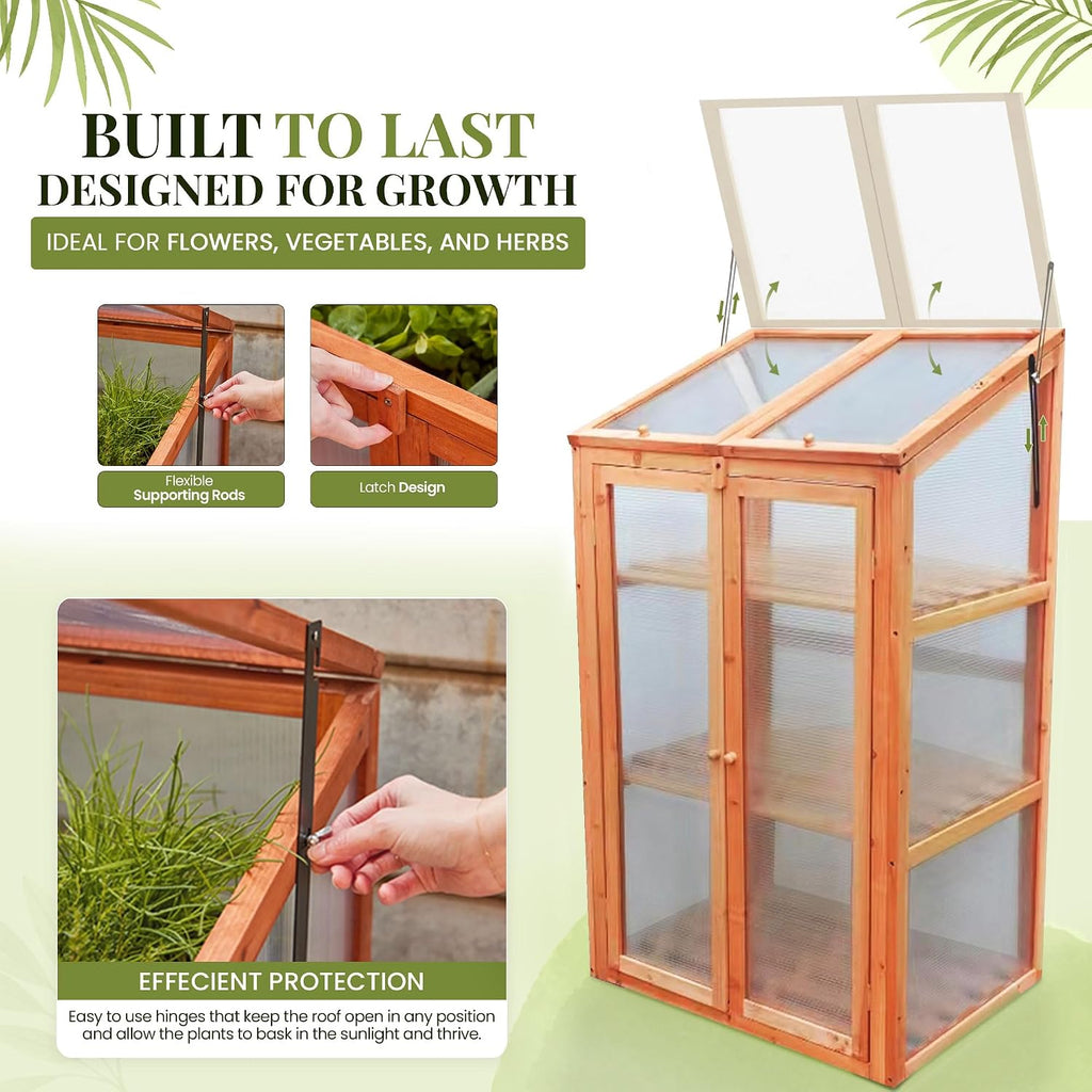 Wooden Greenhouse for Garden with Transparent Polycarbonate Panels Outdoor Green House - Wooden Cold Frame with Removeable Shelves Grow House for Plants and Herbs H120 x W69 x D49 cm