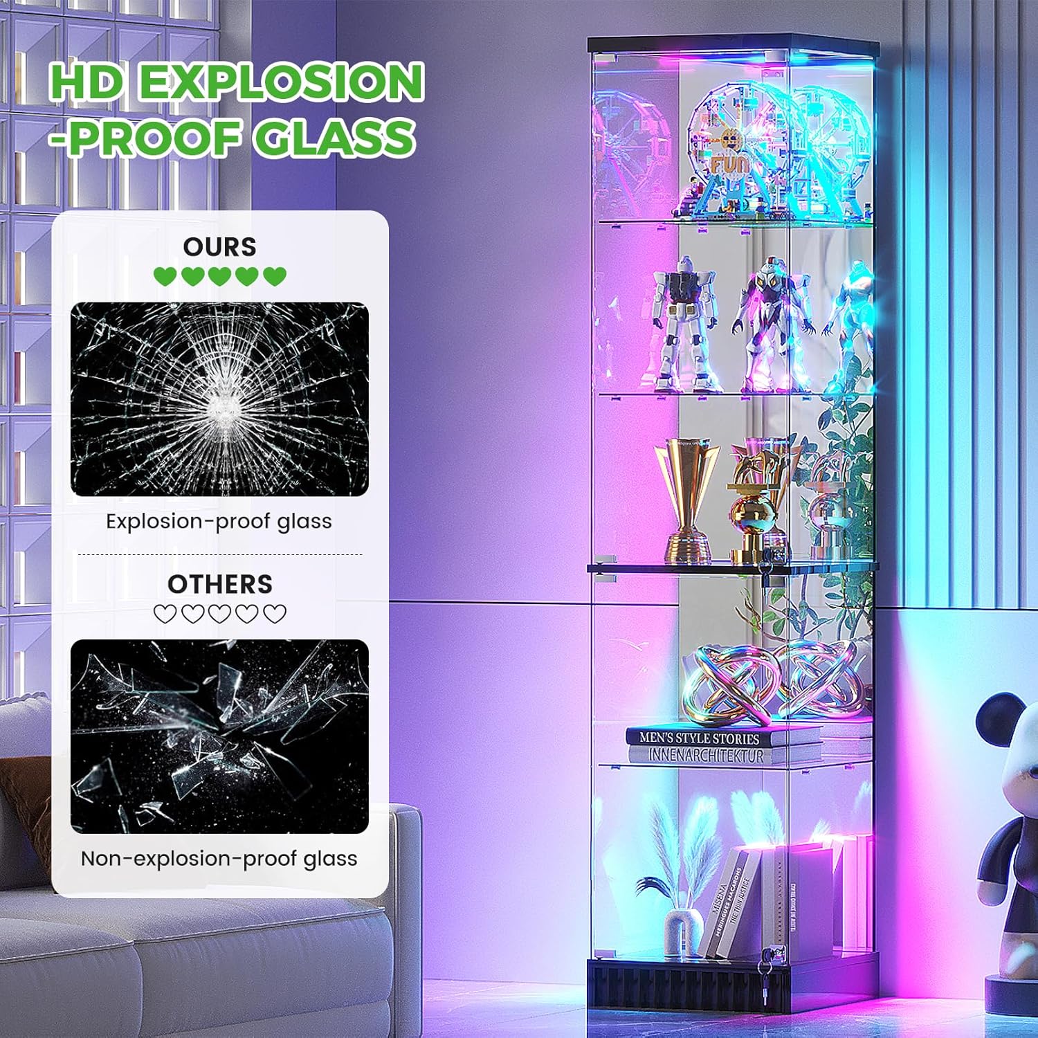 67″ RGB Glass Display Cabinet with Human Sensor,Modern Storage Bookcase Cabinet with Dynamic lighting,5 Tier Curio Cabinet with Lockable Glass Door for Study,Living Room,Bedroom,Black