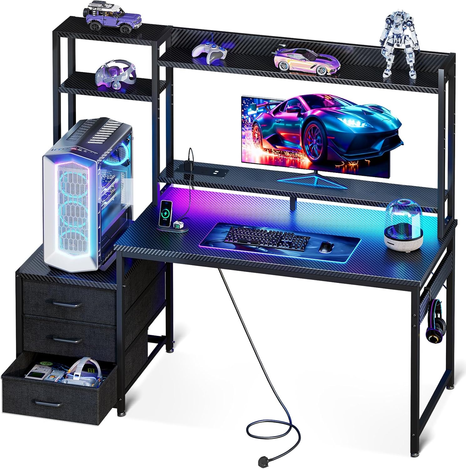 Gaming Desk with Drawers &amp; Display Shelves