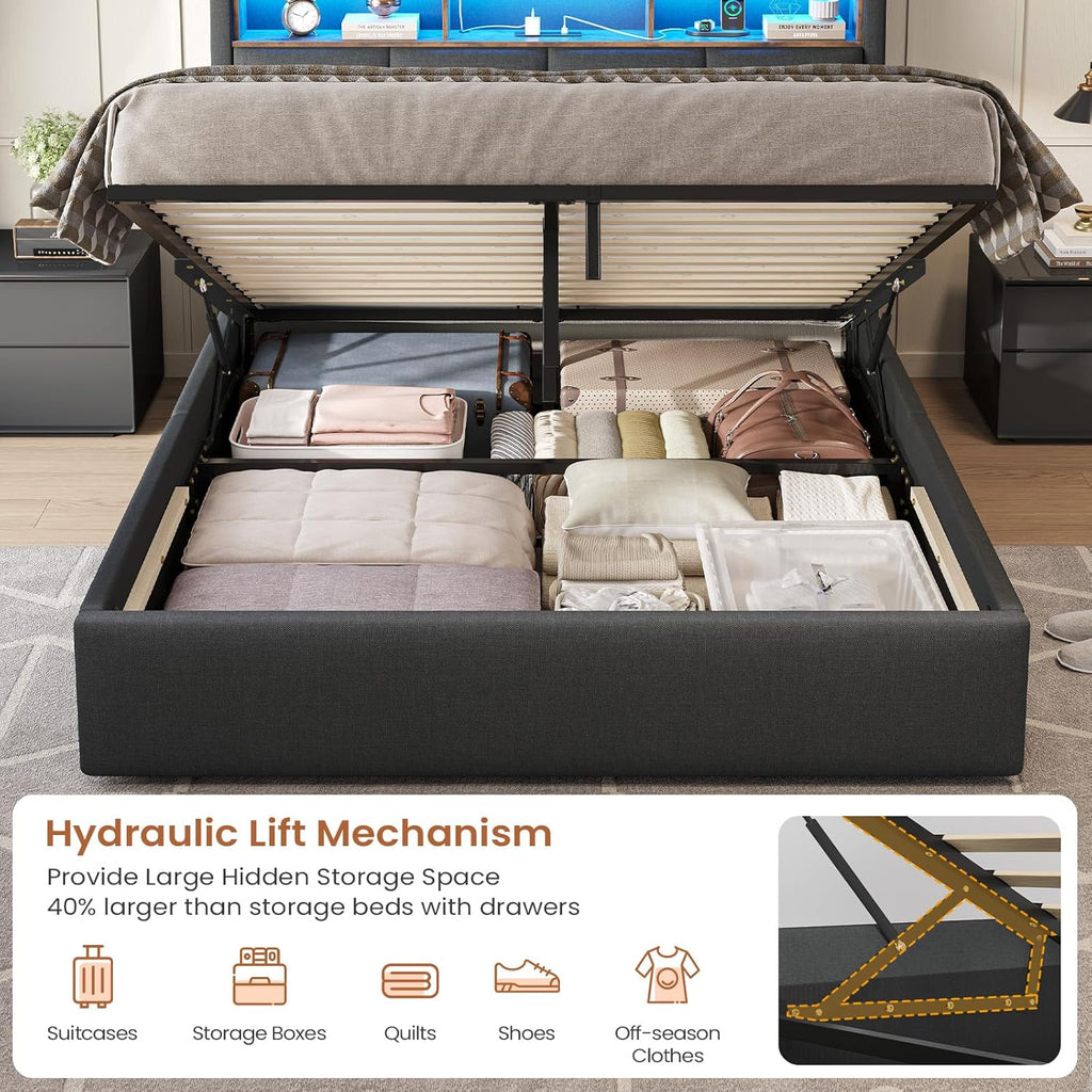 King Size Bed Frame with Hydraulic Storage,Charging Station and Led Lights King Upholstered Ottoman Bed with Headboard,5ft Lift Up Platform Storage Beds,Wood Slats,Grey-150x200cm-No Mattress