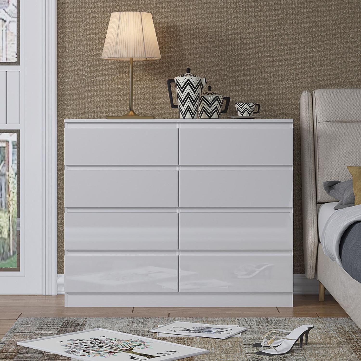 White Gloss XL 8 Drawer Chest. Modern Bedroom Furniture Chest of Drawers.Matt White with White Gloss Drawer Fronts - W110 x H99 x D40cm