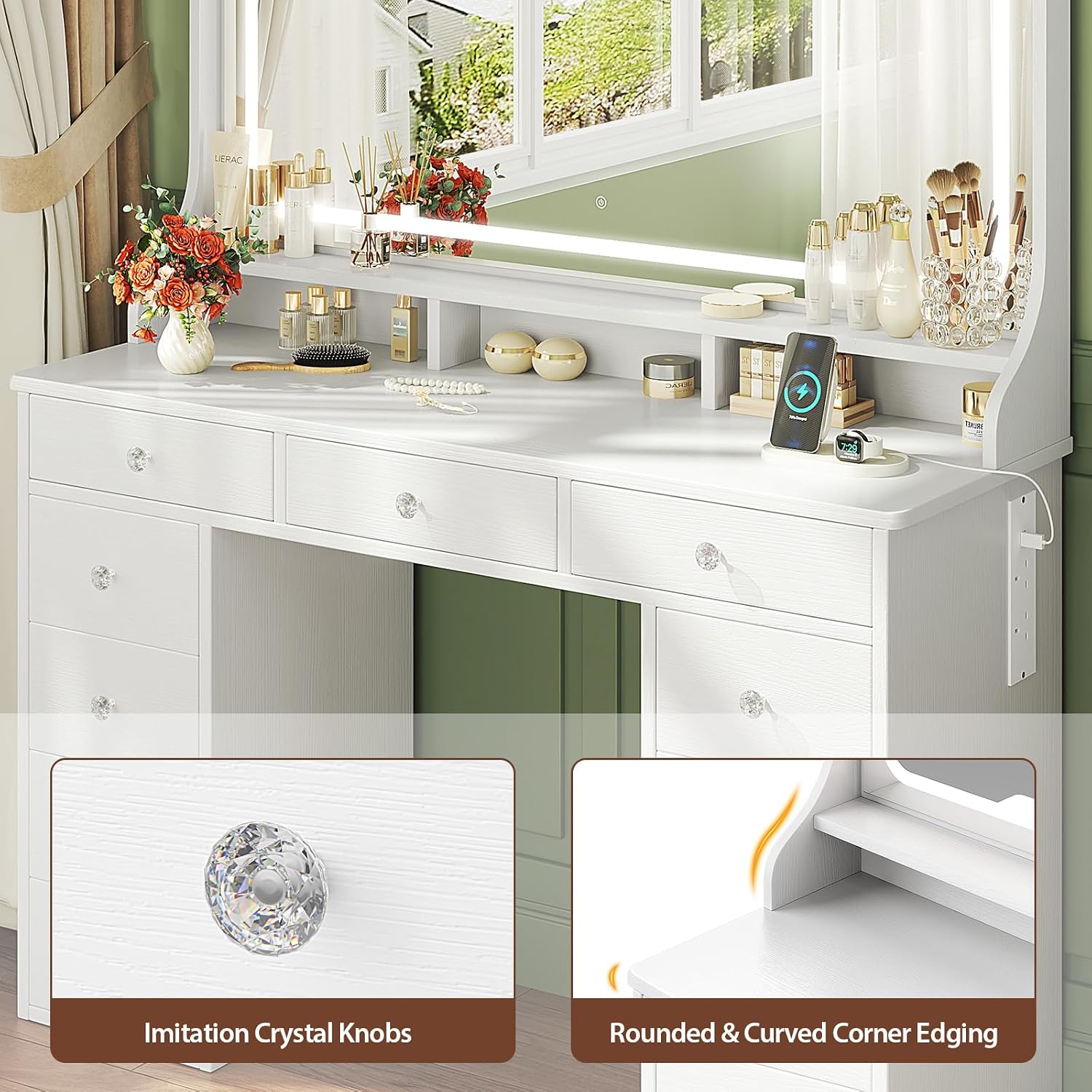 Dressing Table Vanity Desk with Mirror and Drawers Vanity Table Makeup Desk Shelves Storage Adjustable Brightness Makeup Table Cosmetic Bedroom Dresser Furniture (White 11 Drawers