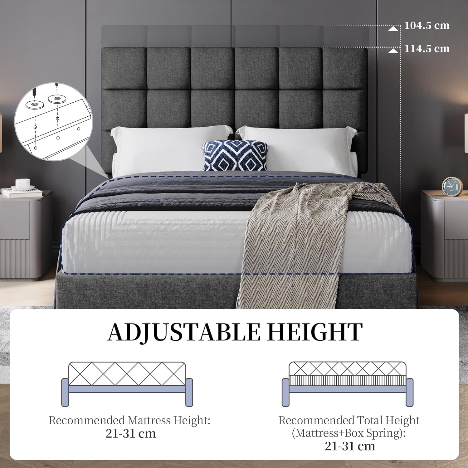 4ft6 Double Bed Frame Upholstered Platform Bed with Adjustable Square Tufted Headboard/Linen Fabric/Sturdy Wooden Slat Support/No Box Spring Needed