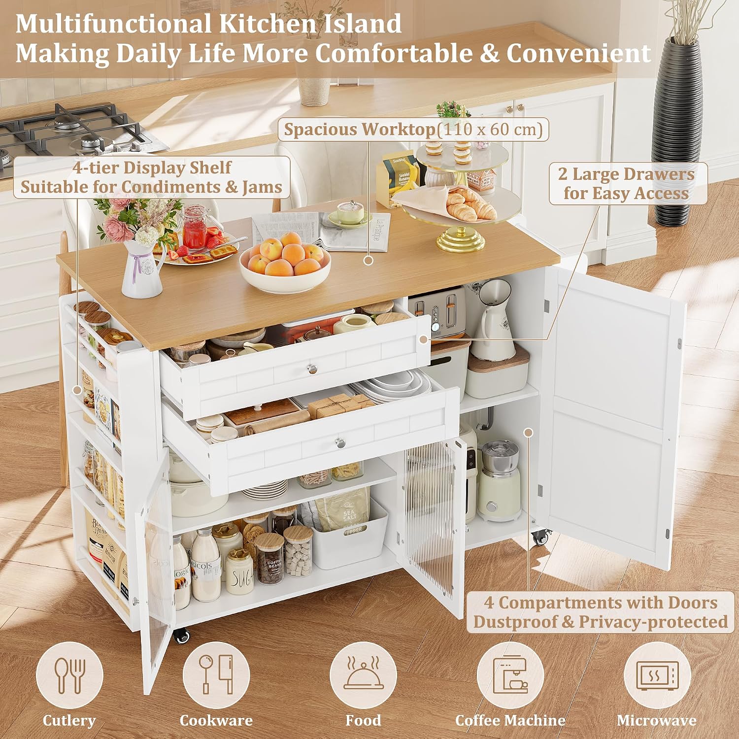 Kitchen Island Kitchen Storage Trolley on Wheels Mobile Storage Island with Foldable Worktop Spice Rack Towel Bar Rolling Sideboard Storage Cabinet Dining Room 132x40x97.5cm White