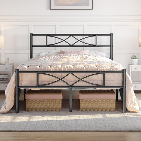 5ft King Bed Frames Metal Slatted Bed Platform with Curved Design Headboard and Footboard