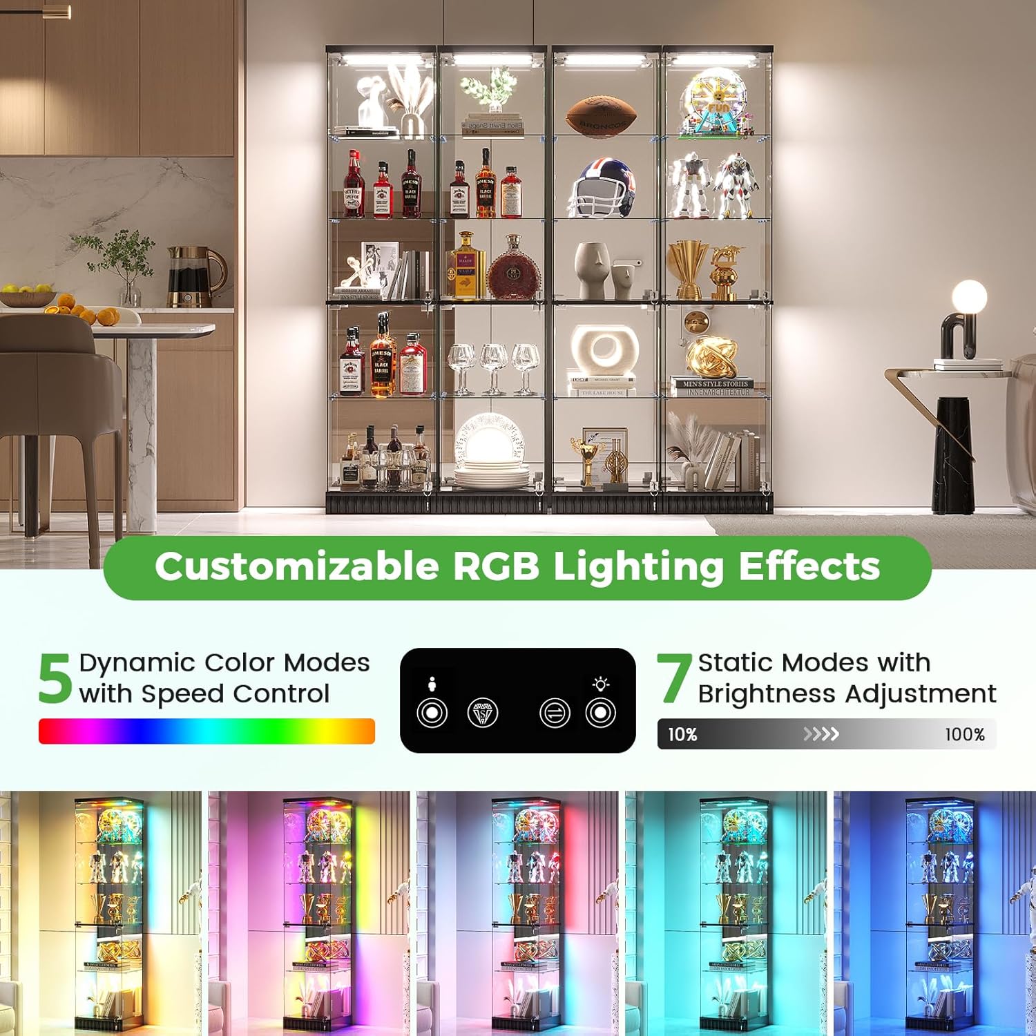 67″ RGB Glass Display Cabinet with Human Sensor,Modern Storage Bookcase Cabinet with Dynamic lighting,5 Tier Curio Cabinet with Lockable Glass Door for Study,Living Room,Bedroom,Black