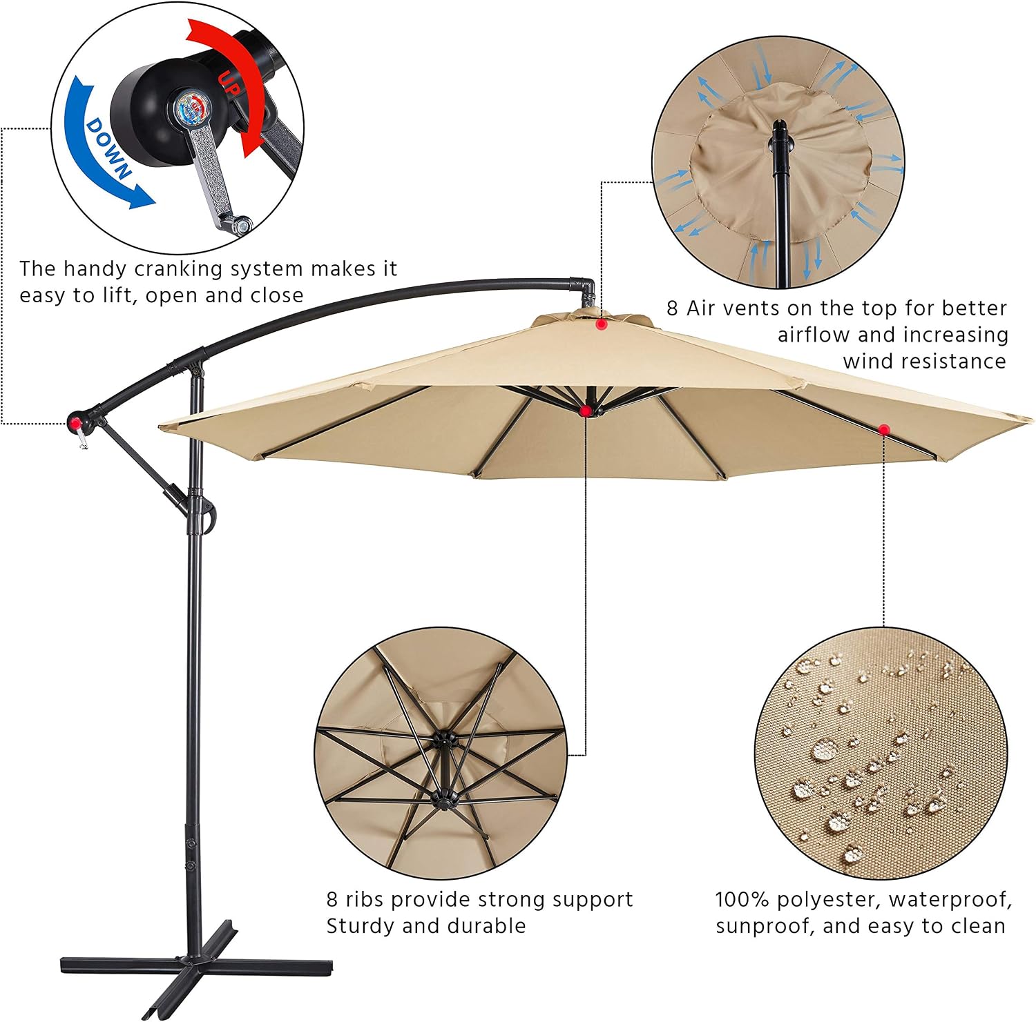 Parasol Umbrella 3m Outdoor Sun Shade Banana Hanging Parasol Beach Umbrella with Crank Handle &amp; Cross Base &amp; Ribs Tan