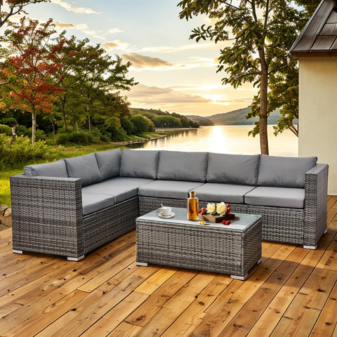 6 Seater Rattan Corner Sofa Set Rattan Garden Furniture Set All-Weather PE Rattan Wicker Patio Conversation Set with Modern Glass Coffee Table and Washable Cushions (Gray)