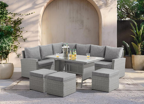 9 Seat Marilyn Corner Sofa &amp; Dining Rattan Garden Furniture Set for Indoor Outdoor Patios Gardens Conservatories (Mountain Grey)