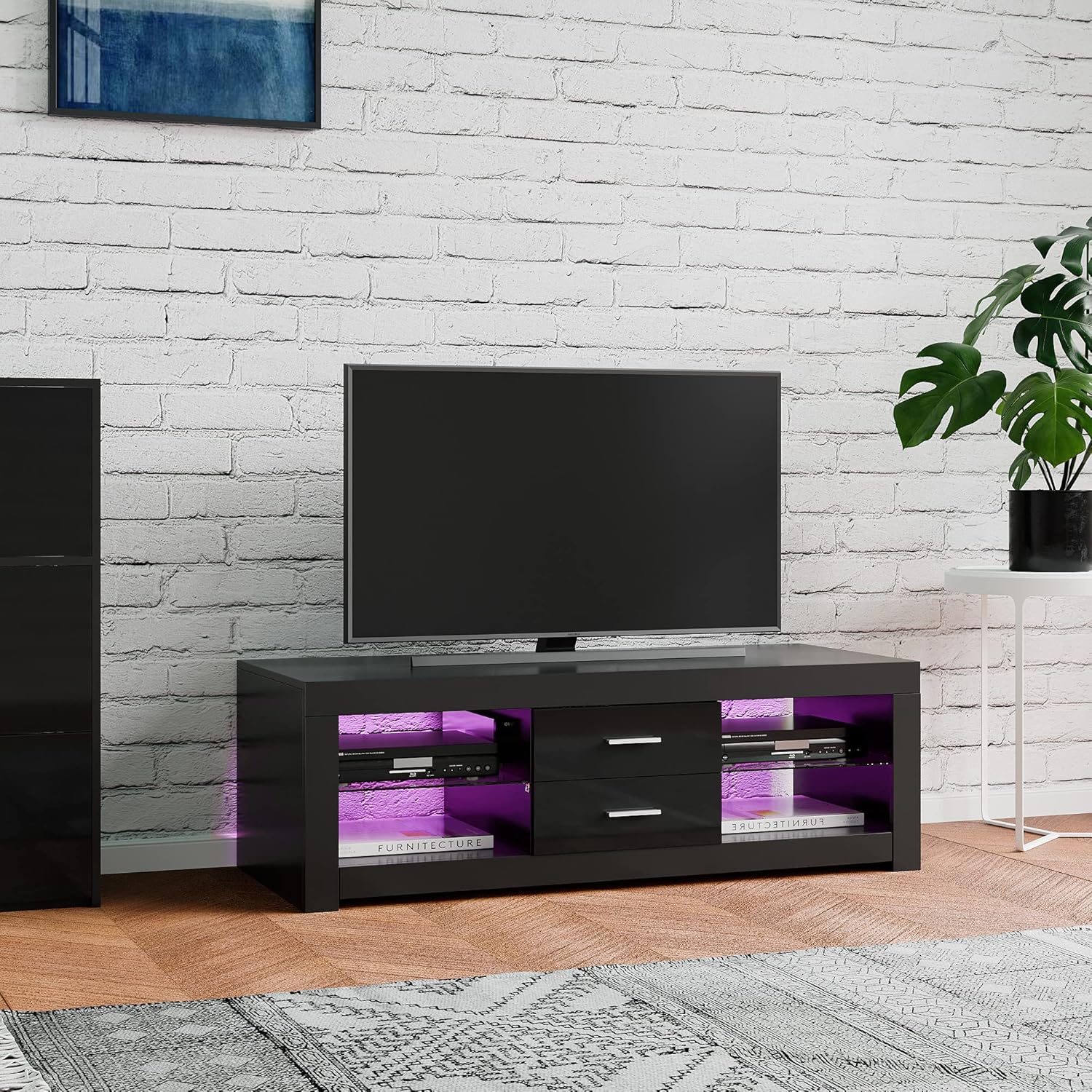 TV Stand Cabinet 2 Drawer 2 Glass Shelves LED Lighted TV Console Unit for 22"-55" Flat Screen 4k TVs (black)