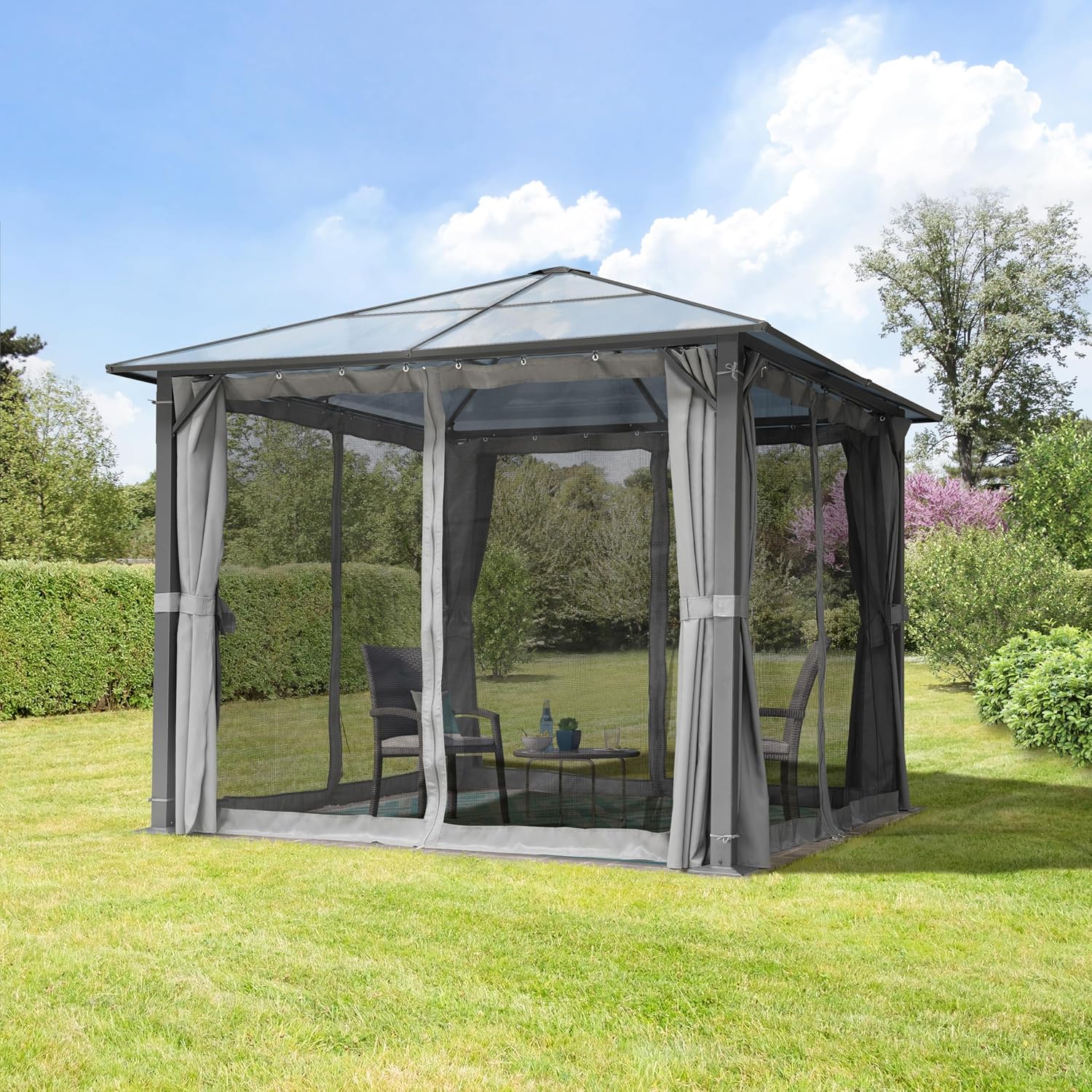 Garden gazebo 3x3 m polycarbonate roof approx. 6 mm - hardtop pavilion with 4 sides &amp; mosquito nets in grey
