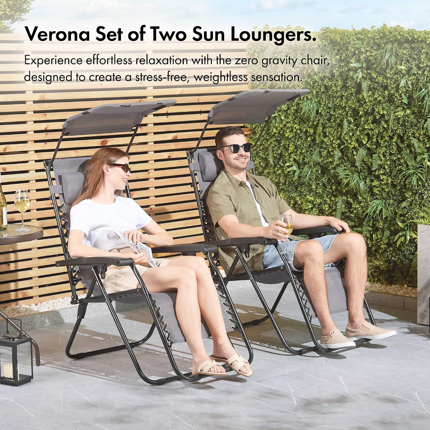 Chairs with Canopy Set of 2 - Grey Reclining Sun Loungers for Garden - Textilene Folding Sunloungers with Adjustable Sun Shade - 2 Set Deck Chairs for Outdoor