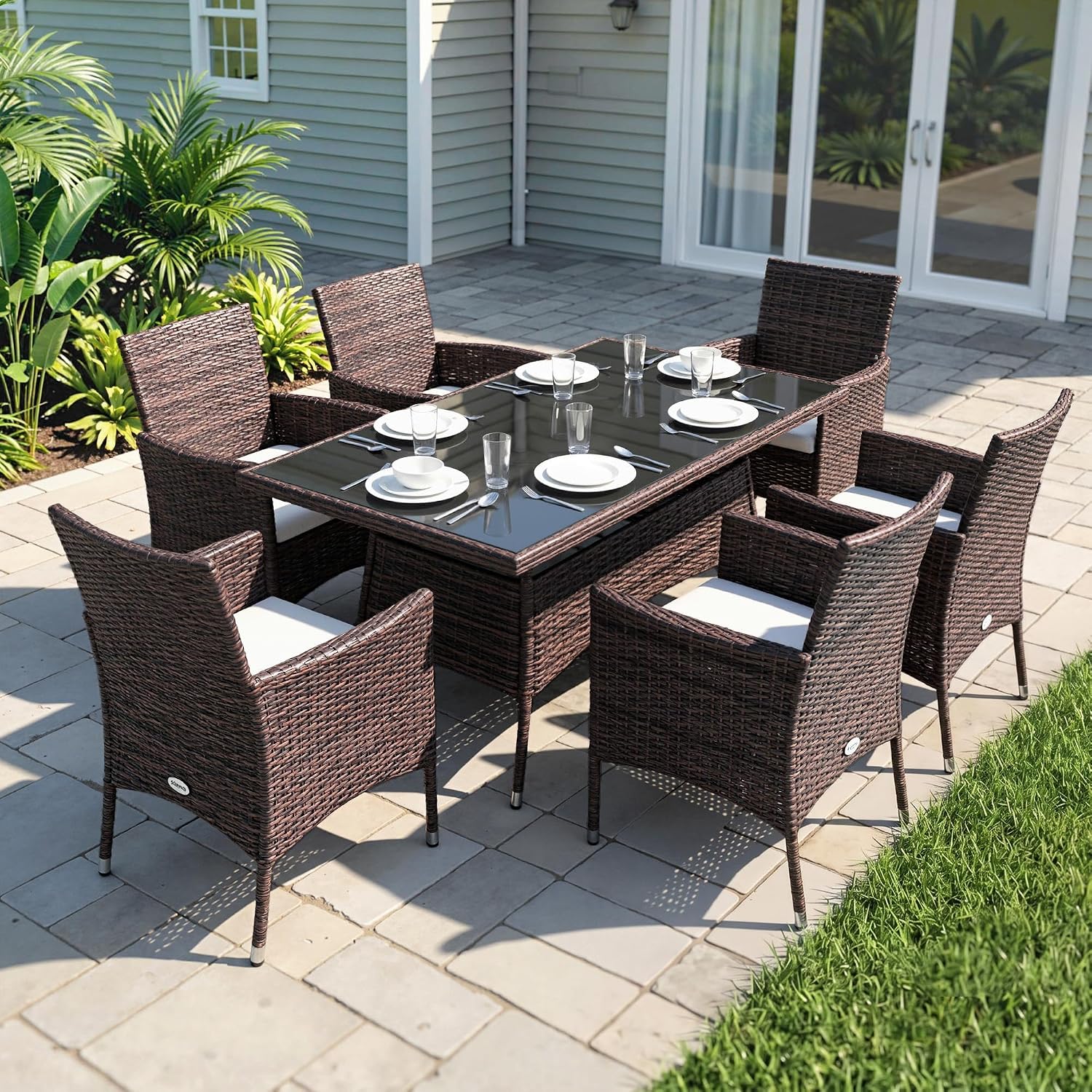 Rattan Garden Furniture Dining Set 6-seater Patio Rectangular Table Cube Chairs Outdoor Fire Retardant Sponge Brown