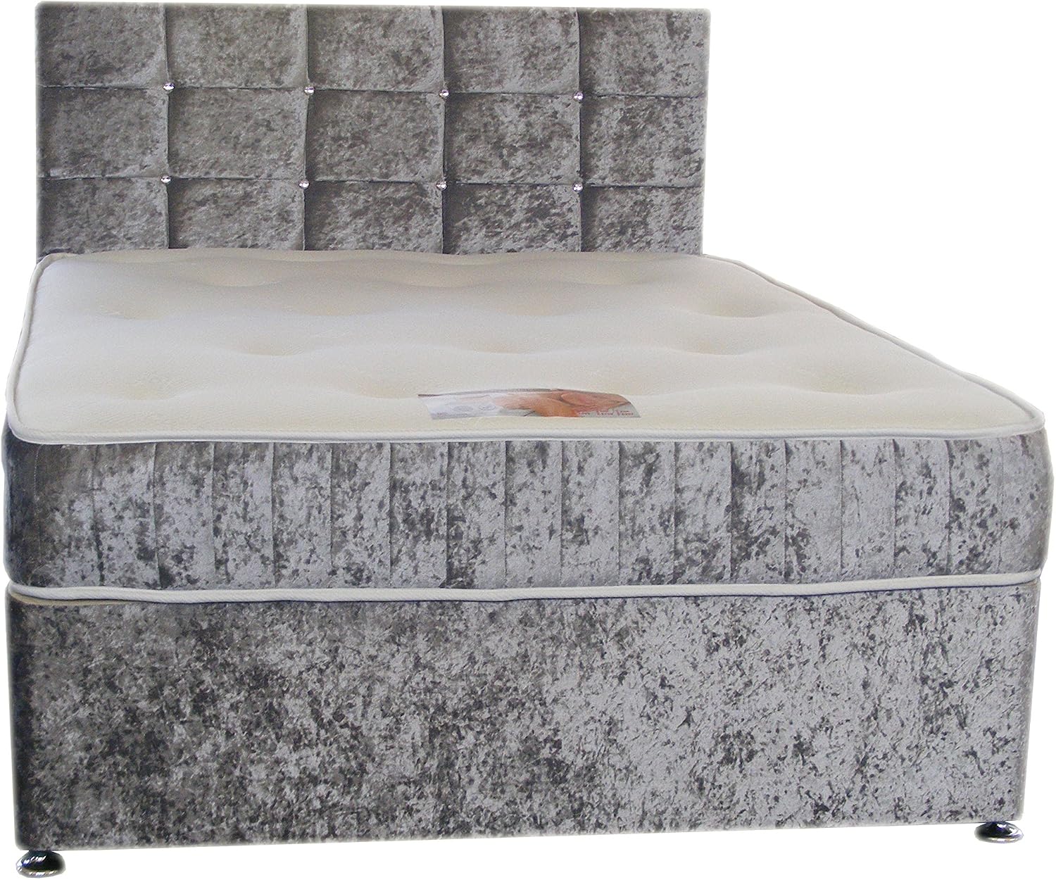 4FT6 Double Silver Crushed Velvet Divan Bed Set Including Luxurious Memory Foam Mattress And Dimante Headboard