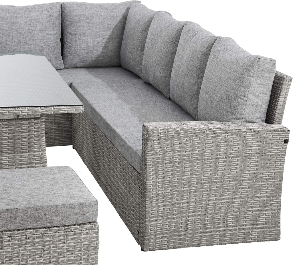 9 Seat Marilyn Corner Sofa &amp; Dining Rattan Garden Furniture Set for Indoor Outdoor Patios Gardens Conservatories (Mountain Grey)